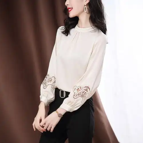 丝衬衫女长袖2020秋季镂空缎面褶皱宽松优雅上衣