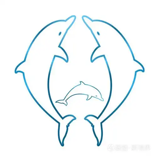 两只海豚跳跃着对方小的蓝色轮廓的海豚其中白色背景上的蓝色的轮廓