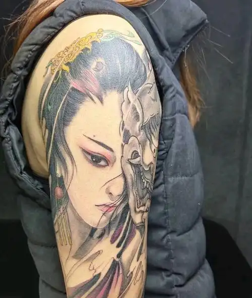 艺伎纹身图片_手臂新传统美女般若纹身图案