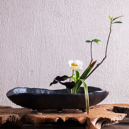 剑山插花器长f方形插花器皿船型陶瓷花盘黑色盘日式小中式禅意一