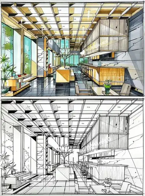 餐厅咖啡厅线稿上色表现