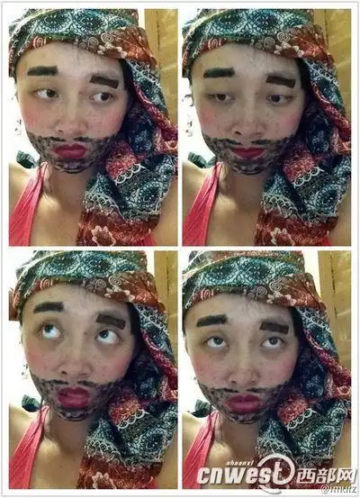 照片中被抹上囧字形眉毛和喜感胡须的大眼妹纸做出各种搞笑鬼脸表情