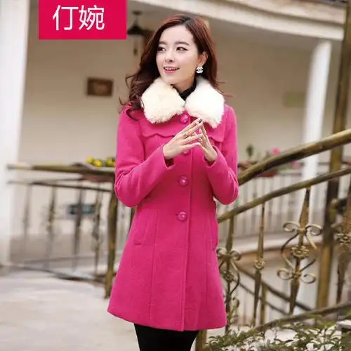 仃婉2014秋冬新款韩版修身显瘦毛呢大衣女毛呢外套6503 玫红 xxl