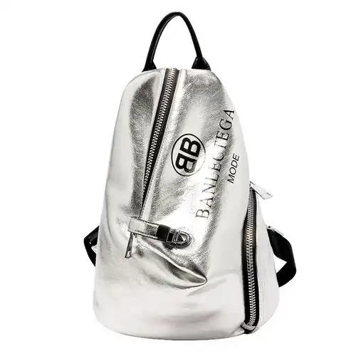 时尚百搭洋气银色软皮ins网红背包香港潮牌真皮双肩包女2020新款