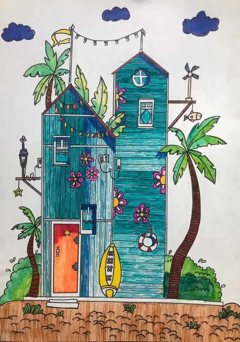 少儿美术美育作品七八岁建筑绘画