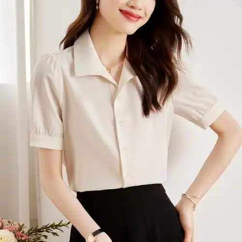 法式polo领雪纺衬衫女夏季2023年夏装新款女士职业装衬衣气质上衣