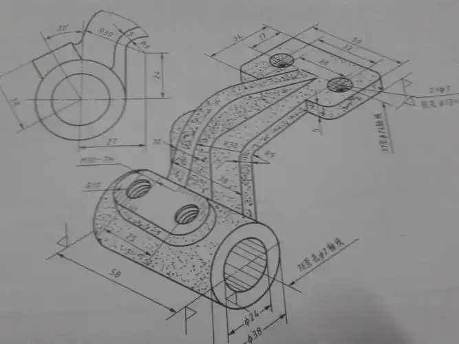 根据支架零件轴测图画轴零件图 (1)零件名称一踏架 (2)材料一ht150 (3