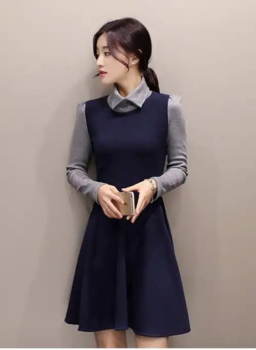 boxiang 卜香 2015秋装新款拼接长袖连衣裙女 针织a字淑女裙 学院风