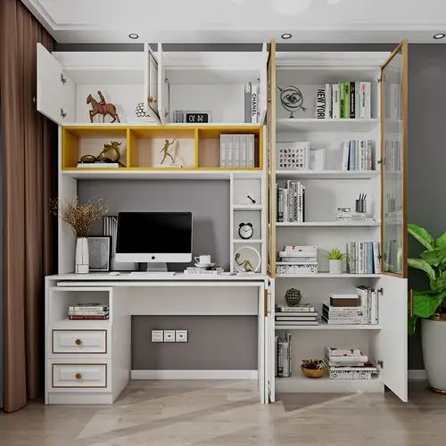 轻奢转角连体书桌书柜衣柜组合一体家用简约书桌