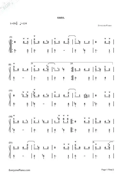 sans-undertale原声音乐-钢琴谱文件(五线谱,双手简谱,数字谱,midi