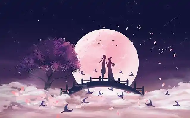 手绘唯美中国风七夕节牛郎织女鹊桥相会星空圆月插画海报背景七夕插画