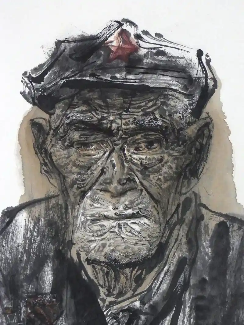 中国画创作《为老红军肖像》及局部#想画就画 #国画人物  - 抖音