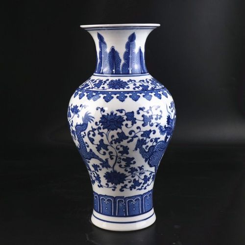 清乾隆青花双龙戏珠鱼尾瓶中式仿古青花瓷插花瓶景德镇仿古瓷摆件