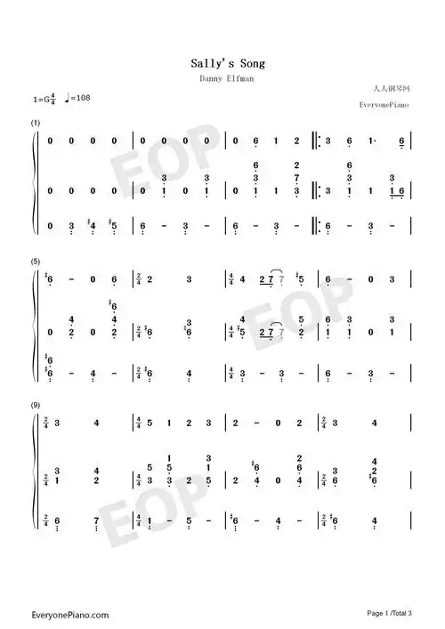 sallys song-圣诞夜惊魂ost双手简谱预览1