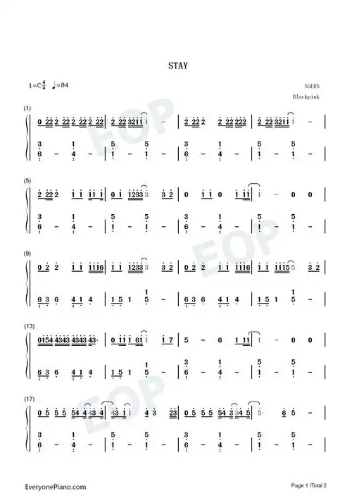 stay-c调简单版-blackpink双手简谱预览1