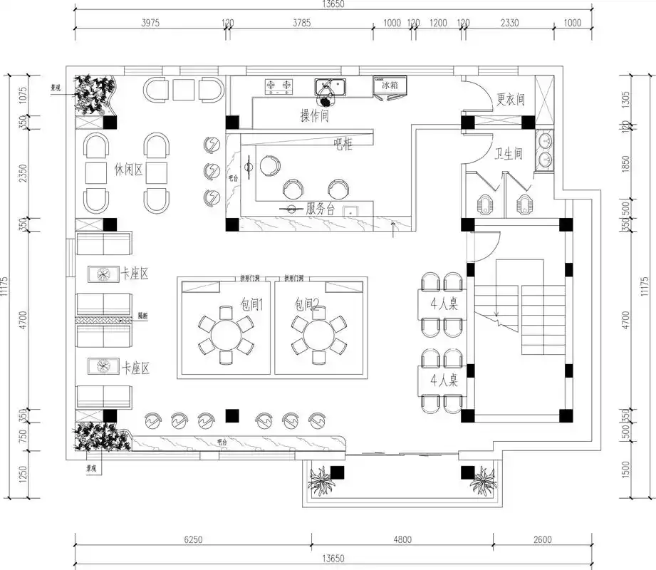 150m0592咖啡馆平面布置图.cad代画,商业空间布置图, - 抖音