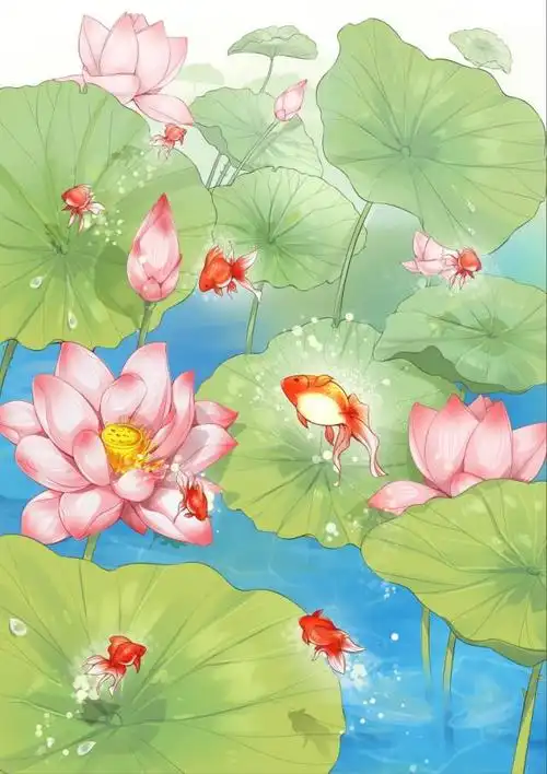 动漫场景荷塘金鱼插画奇妙菌