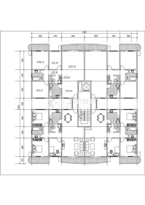 淄博市临顿路某社区住宅楼标准层平面设计cad图纸1梯4户共12张