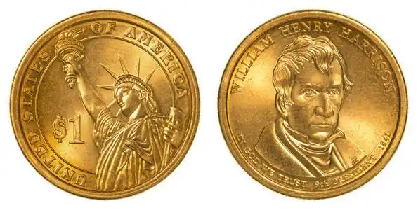 威廉 · 亨利 · 哈里森金色的 1 美元硬币照片