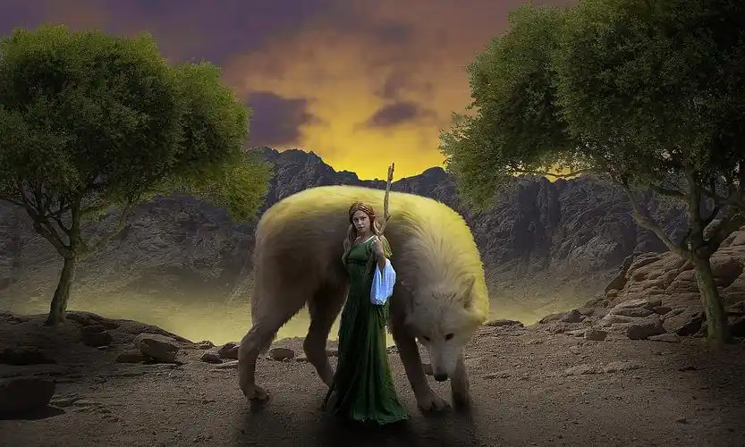 山谷中的女孩和白狼