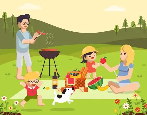 创意郊外野餐的四口之家矢量素材