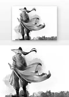 水墨剑客背影水墨创意美食小吃古装人物街边吃摊臭豆腐水墨侠客人物