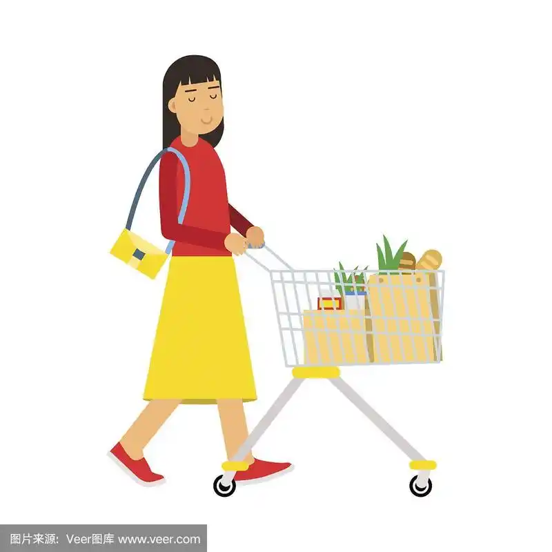 年轻漂亮的黑发女人推着购物车,在超市购物矢量插图