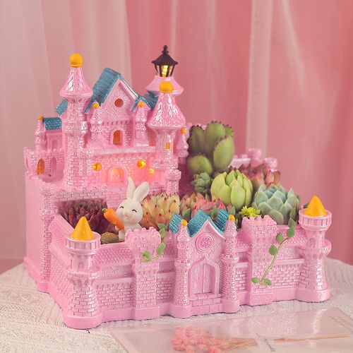 粉色城堡带灯多肉花盆创意个性大口径树脂欧式小房子桌面肉肉盆