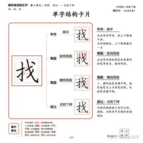一年级暑假练字第14篇了解间架结构规则之迎让右下竖笔右下竖钩戈钩下