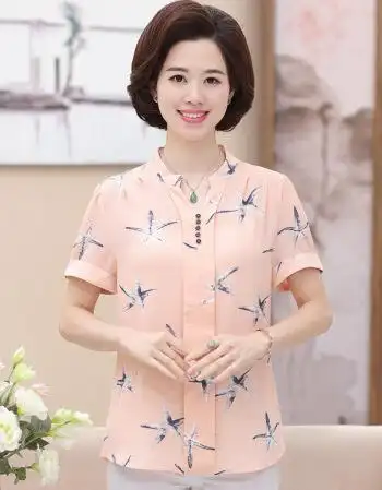 立领三四五十多岁中年少妇女人夏天穿的短袖雪纺衫455妈妈装t恤上衣50