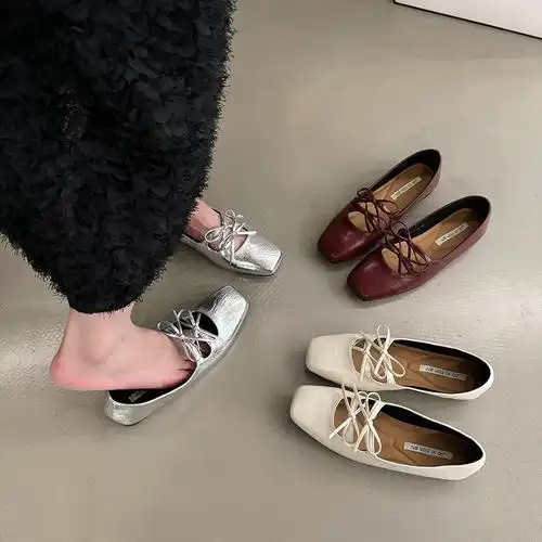 韩版平底方头蝴蝶结单鞋女鞋子2024新款春秋冬季银色设计感晚晚鞋