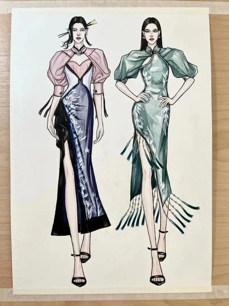 水彩效果图之中式改良旗袍#手绘 #中国风 #服装设计 #绘画 - 抖音