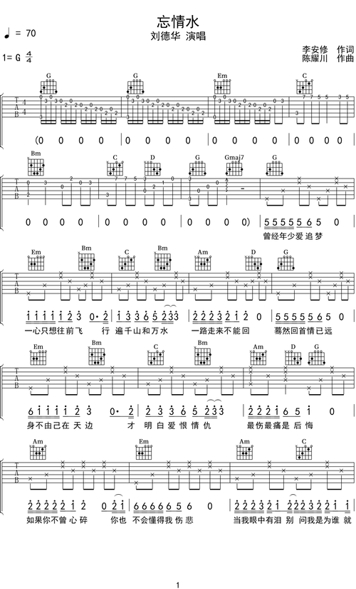刘德华《忘情水》吉他谱g调吉他弹唱谱
