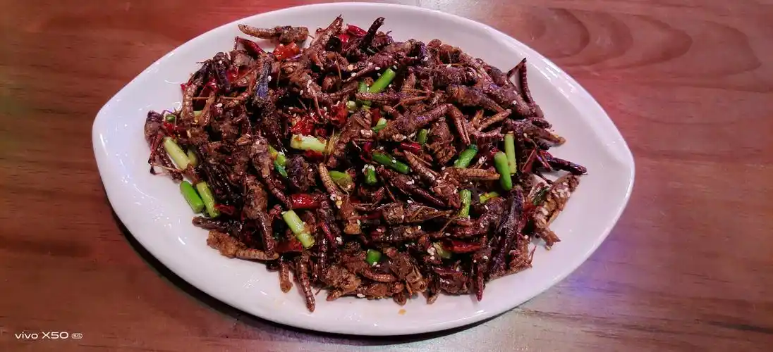 干香蚂蚱是深受合山市本地人民喜爱的美食,它的做法主要是先将蚂蚱