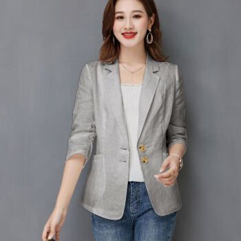 装棉麻薄款休闲短款两粒扣百搭小西服女士透气商务职业装浅灰色2xl