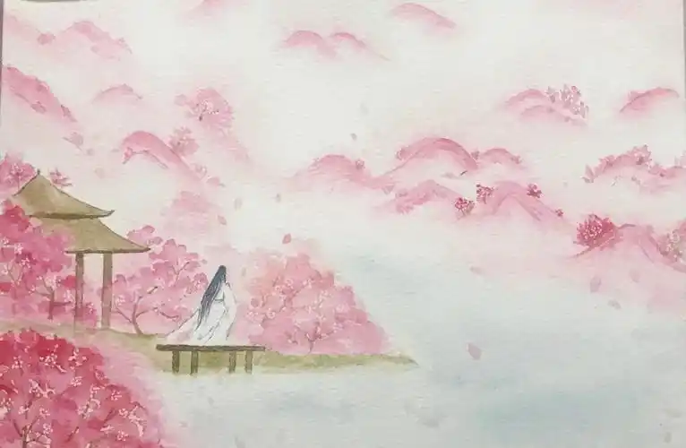 古风水彩风景过程图分享