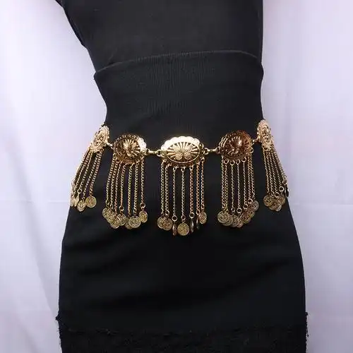 时尚复古型腰链女连衣裙装饰链条波西米亚合金钱币流苏身体链