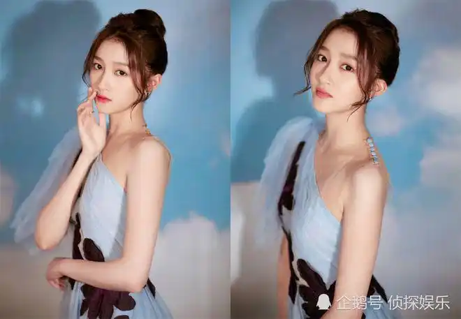 关晓彤蓝纱裙出席活动颜值满分,秀香肩秀锁骨美成小仙女