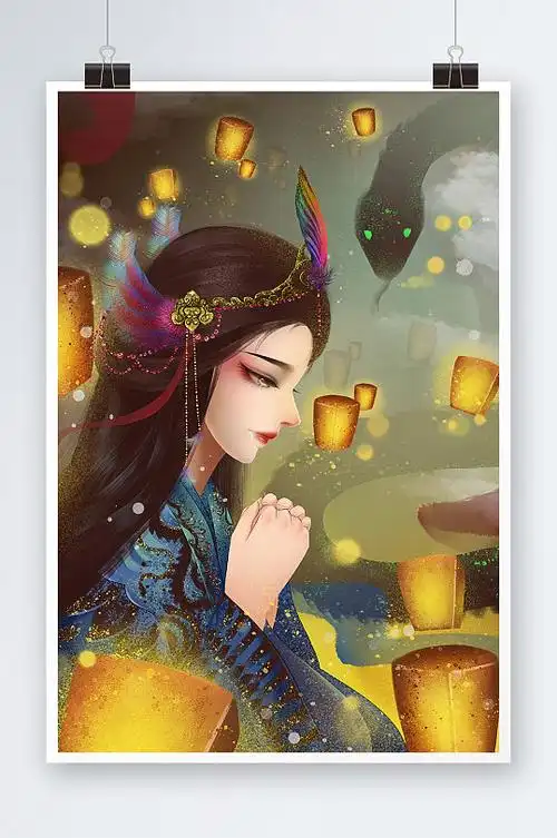 唯美求佛美女手绘插画设计