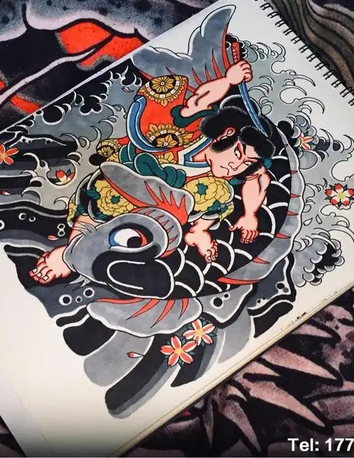 定制稿:小臂老日式鬼若丸杀鲤完成[嘿哈]_纹身图案手稿图片_李承龙的