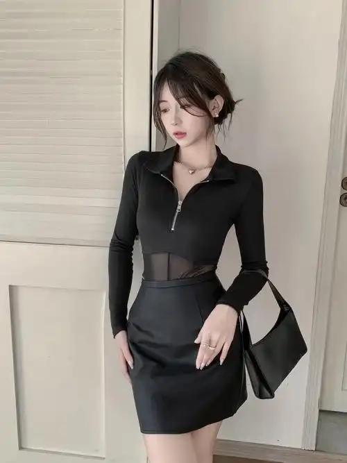 甜酷polo领长袖t恤御姐透视网纱夜店风性感连体衣服上衣 - 17网