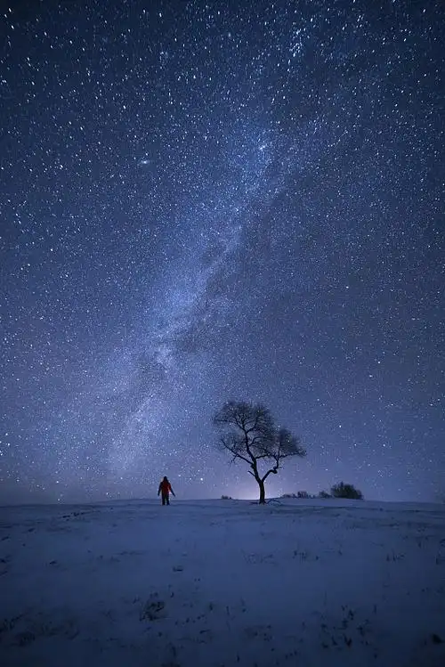 星空下孤独的一个人站在雪地上图片
