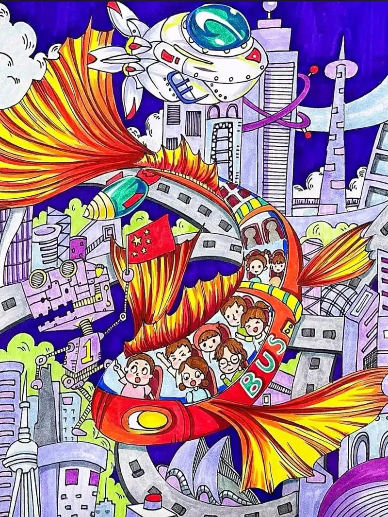 科技主题科幻想象创意儿童画美术获奖作品.#创作灵感 #小yu - 抖音