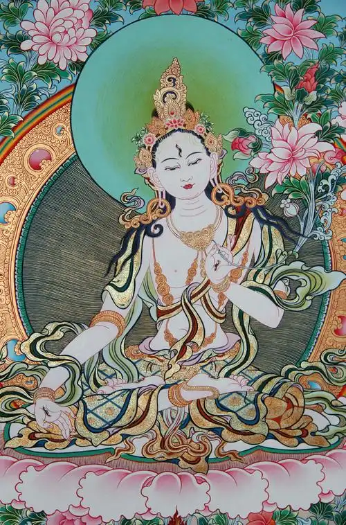 西藏手绘唐卡画 白度母唐卡佛像 藏传佛教 矿物颜料纯金纯手工