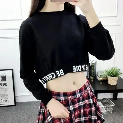 长袖高腰露脐t恤女韩版短款漏肚脐学生春夏短装宽松上衣服社会薄