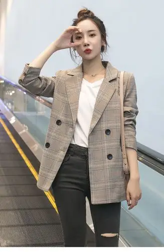 格子西装外套女2021春秋新款韩版格纹网红西服复古小西装上衣 格子