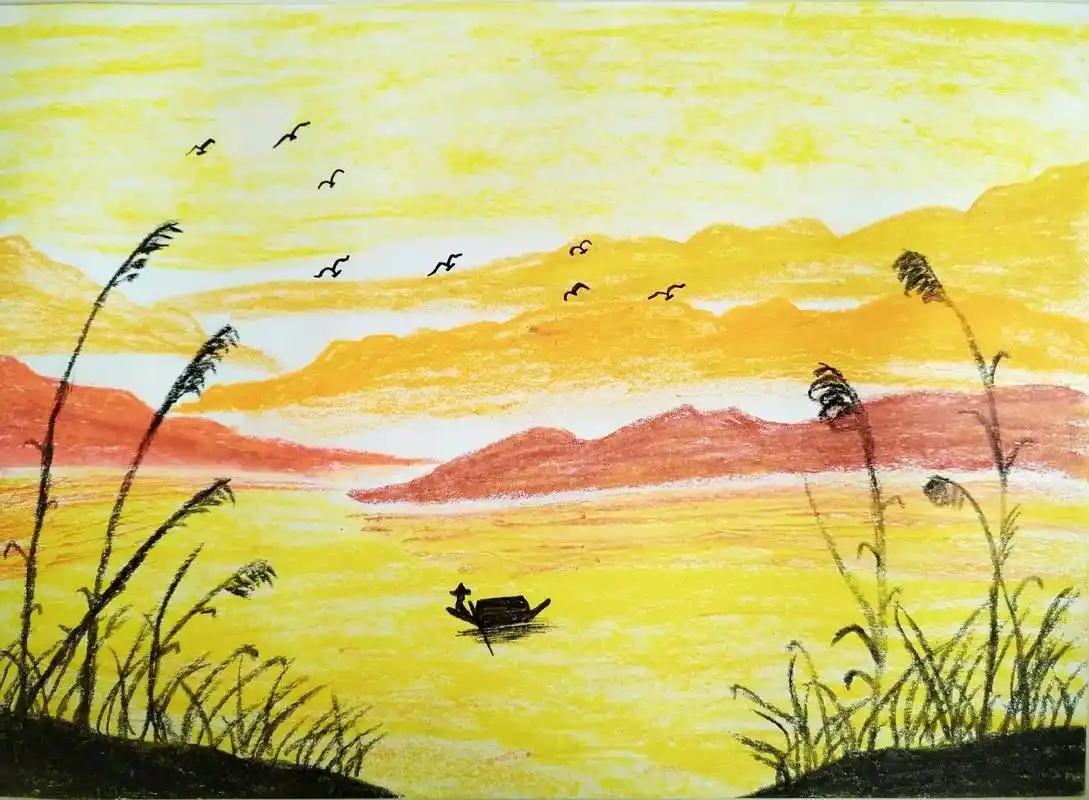 简单的日落西山风景画.远景为山,近景为水,水中一只小舟#油画 - 抖音