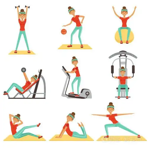 在与运动器材健身房锻炼健身女人设置的炫彩矢量插图