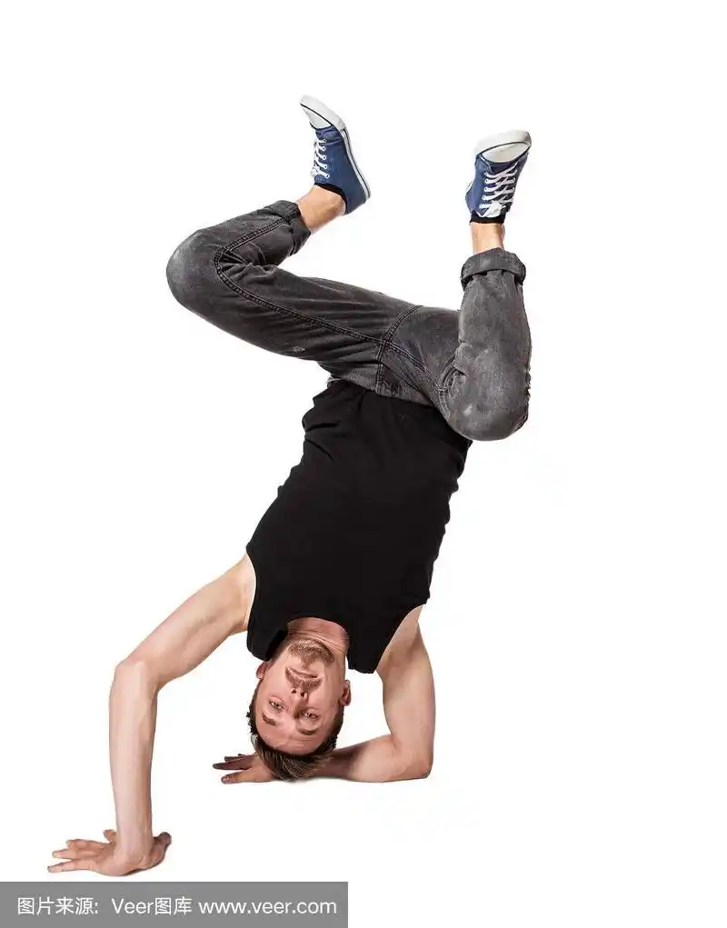 霹雳舞演员在白色背景下做单手倒立