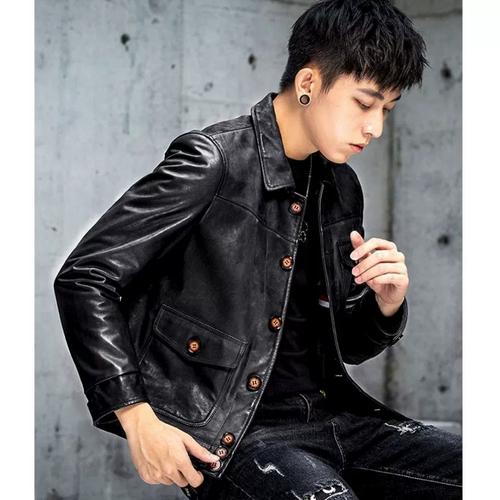 外套短款翻领修身皮夹克男潮韩版复古新款高端进口真水洗皮衣男士